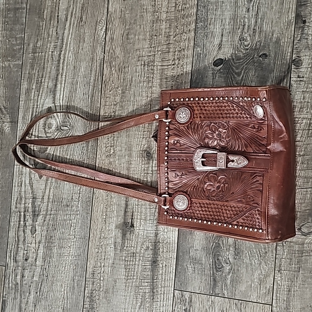 American West Tooled Genuine Leather Desert Flower Shoulder Bag